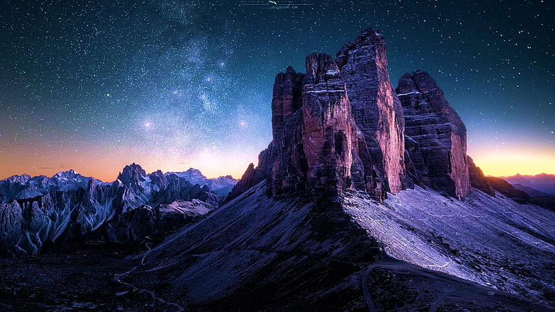 Tre Cime di Lavaredo - Dolomites, Italy after sunset, sky, stars, colors, peaks, alps, landscape, HD wallpaper