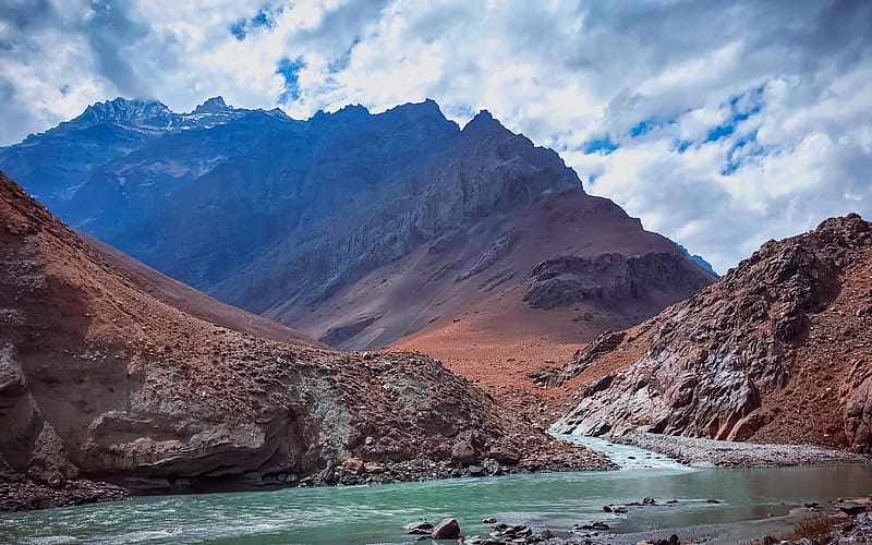 Somewhere between Manali-Ladakh, India, river, landscape, clouds, sky, rocks, stones, HD wallpaper