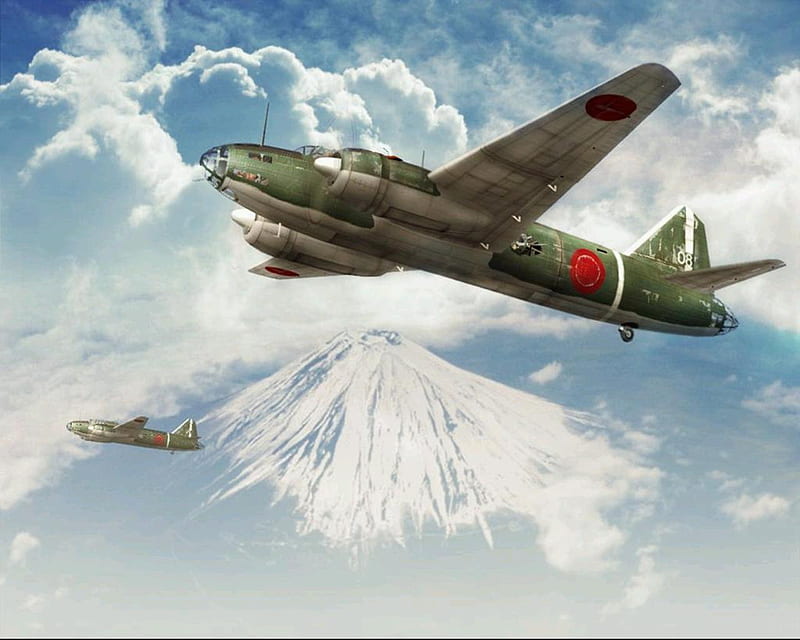Flight Over MT Fuji, art, mitsubishi, japanese, g4m, drawing, painting, bomber, HD wallpaper