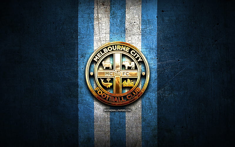 Melbourne City FC, golden logo, A-League, blue metal background, football, Melbourne City, Australian football club, Melbourne City logo, soccer, Australia, HD wallpaper