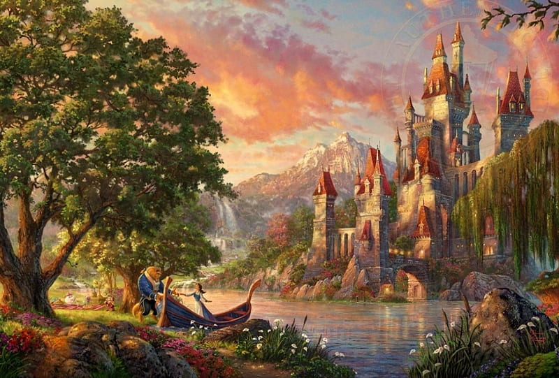 Beauty and the Beast, Belle, Disney, Castle, Painting, Thomas Kinkade, Beast, HD wallpaper