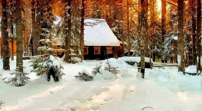 Russian Winter, snow, painting, nature, cabin, winter, HD wallpaper