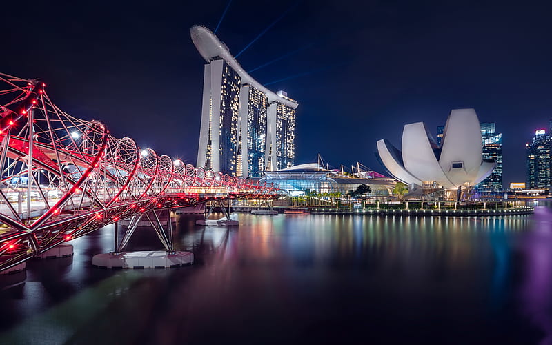 Singapore, Helix Bridge, pedestrian bridge, night, Marina Bay Sands, luxury hotel, HD wallpaper
