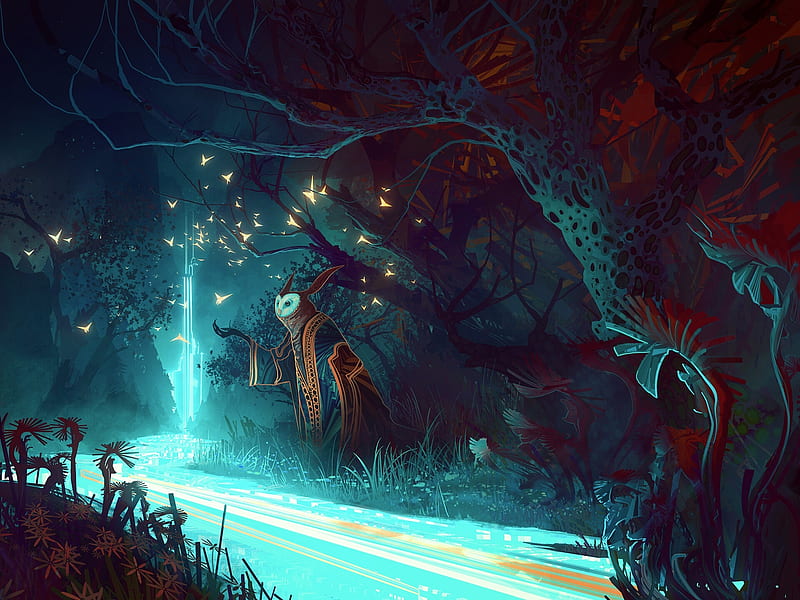 fantasy landscape, owl, magical creature, trees, darkness, Fantasy, HD wallpaper