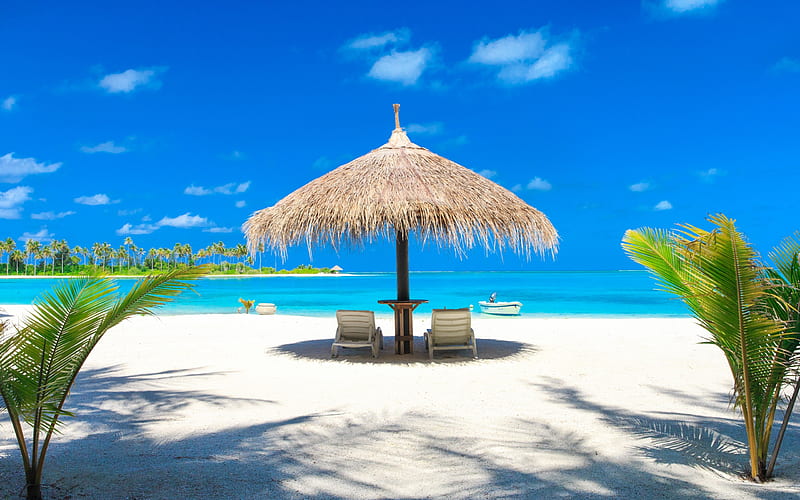 Maldives, tropical island, beach, sand, umbrella, sea, ocean, HD wallpaper