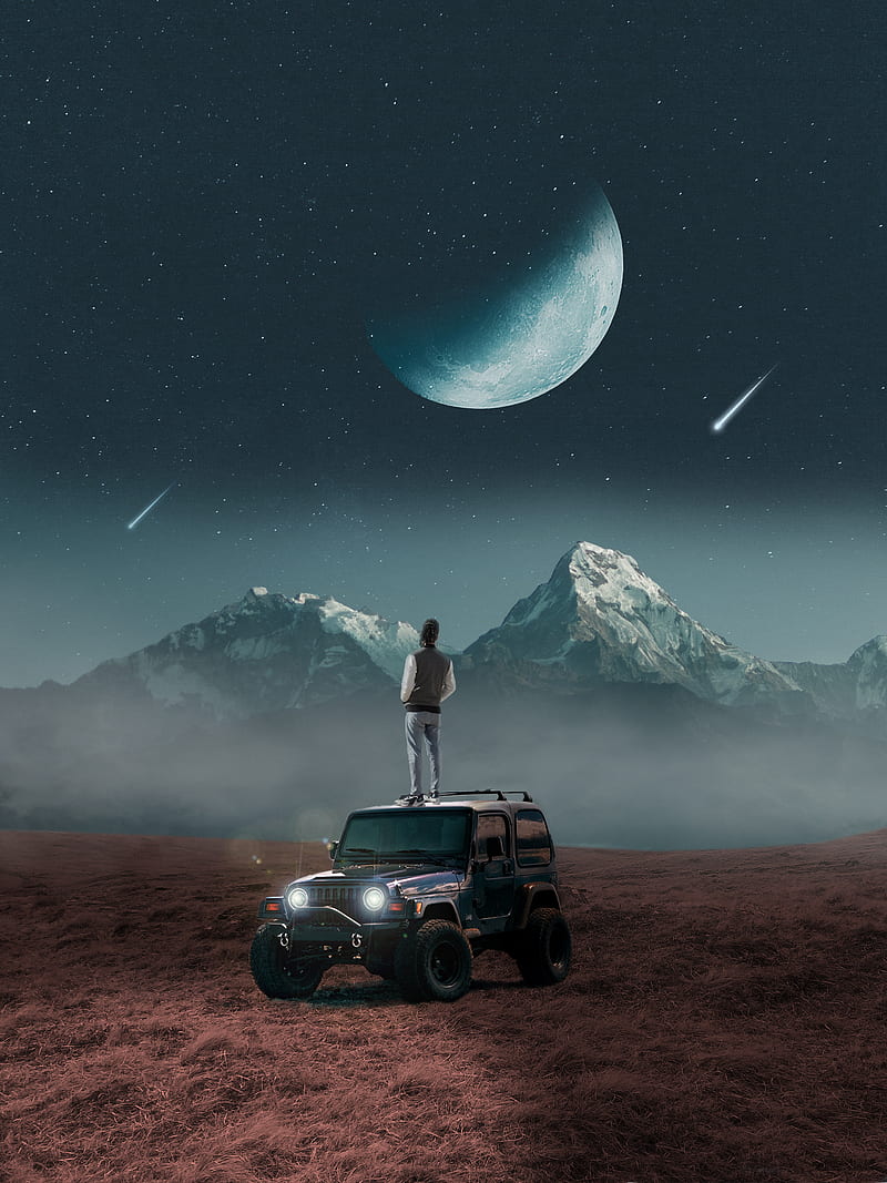 Look to the moon, amazing, car, cool, fi, lights, montains, night, starry,  stars, HD phone wallpaper | Peakpx