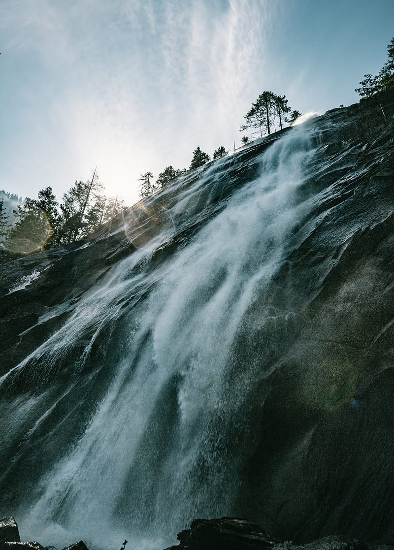 waterfall, cliff, trees, sunlight, flare, HD phone wallpaper