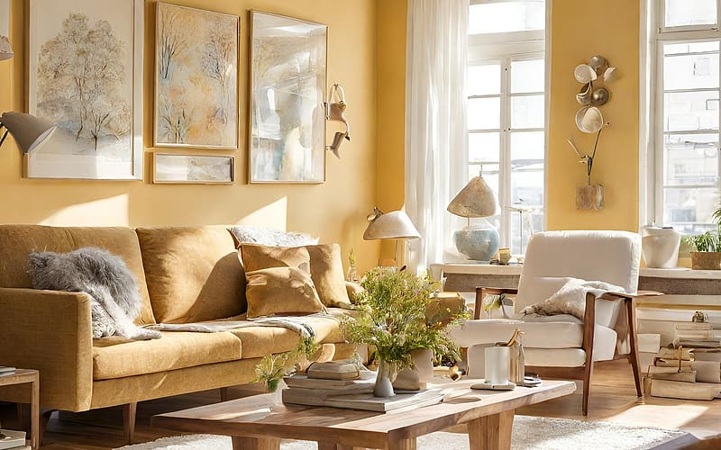 Living Room, sofa, yellow, interior, HD wallpaper