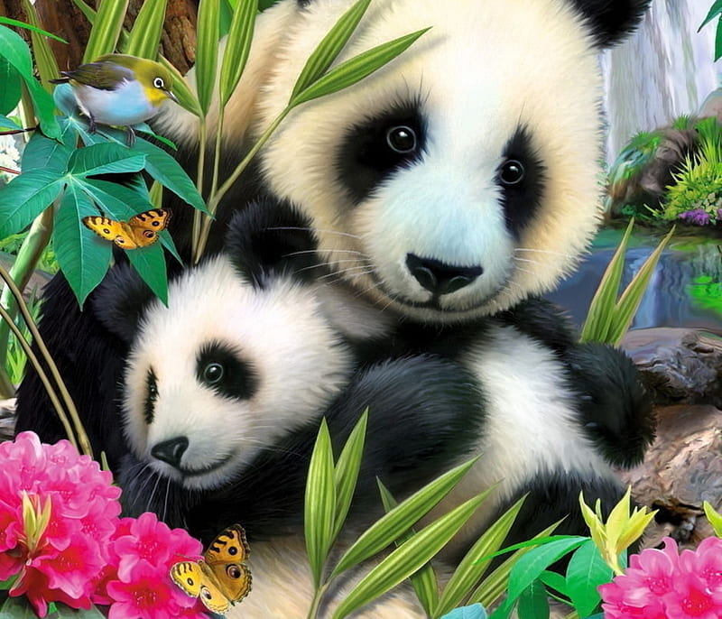 Panda bears, cute, panda bear, butterfly, cub, black, white, mother ...