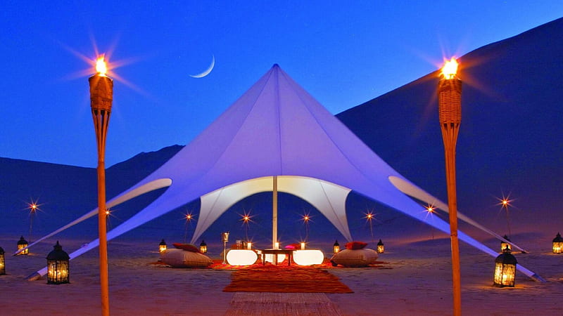 Romantic, dinner, torches, desert, retreat, tent, candles, fire, Morocco, dine, evening, night, HD wallpaper