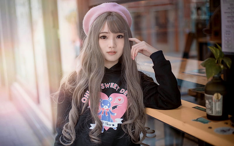 Girl with Beret, pretty, beret, girl, Asian, HD wallpaper