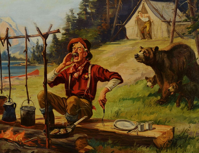 Bear at the Campsite, food, painting, tent, granny, artwork, HD wallpaper