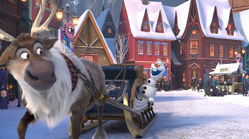 Olaf's Frozen Adventure (2017), poster, sleigh, movie, snowman, iarna, winter, olafs frozen adventure, reindeer, disney, HD wallpaper