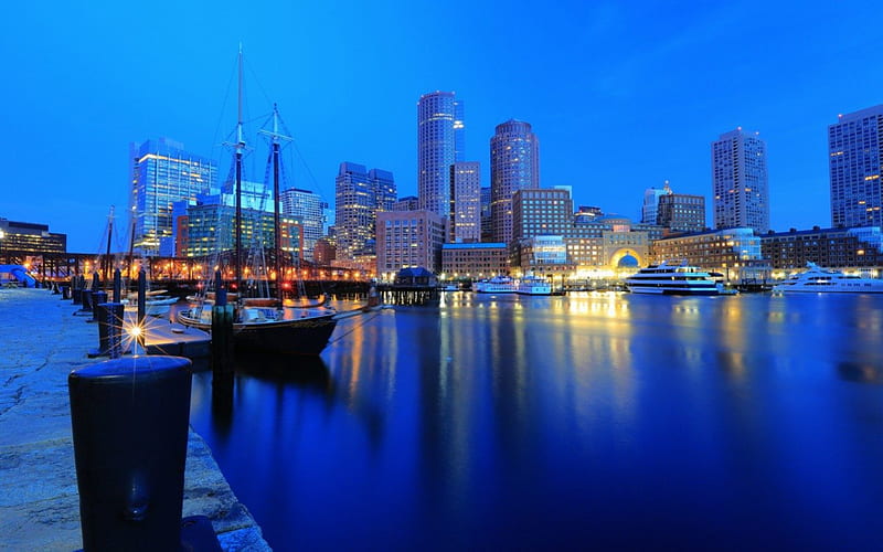 Boston Harbour, boats, buildings, night city, quay, Boston, wharf, harbor, blue, HD wallpaper