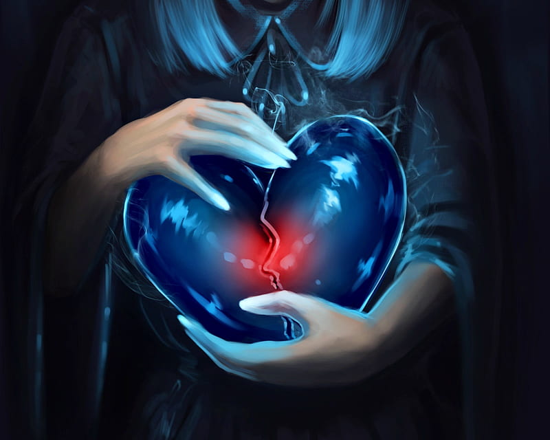 Frozen heart, red, art, luminos, black, fantasy, ayyasap, hand, blue, HD wallpaper