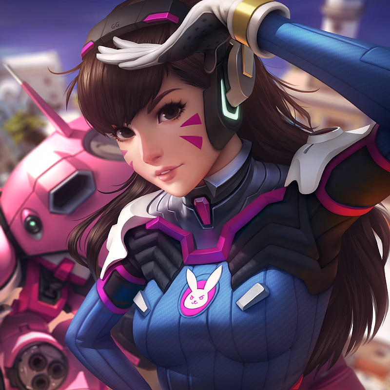 anime, anime girls, Overwatch, D.Va (Overwatch), bodysuit, headphones, long hair, brunette, brown eyes, HD phone wallpaper