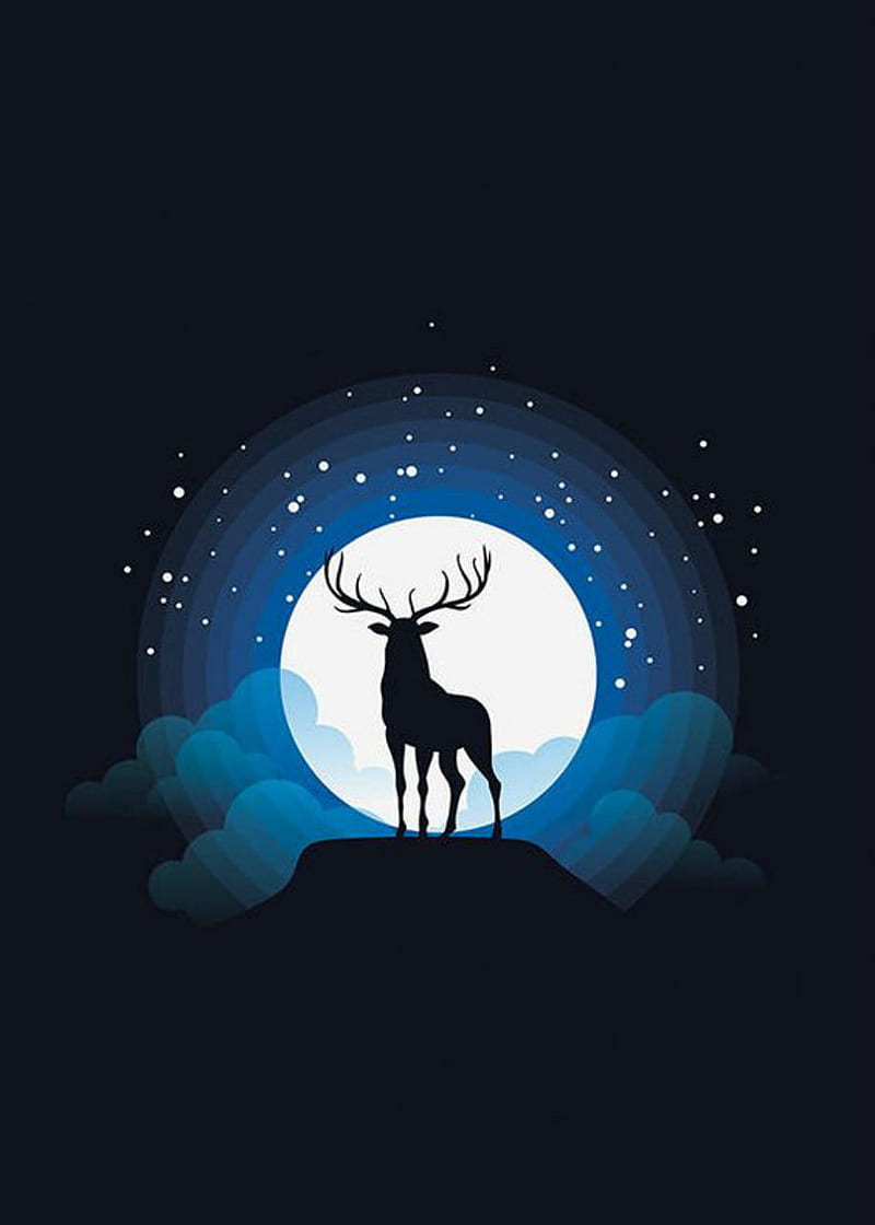 Oh deer, moonlight, moon, full moon, stars, clouds, mountain, antlers,  silhouette, HD phone wallpaper | Peakpx