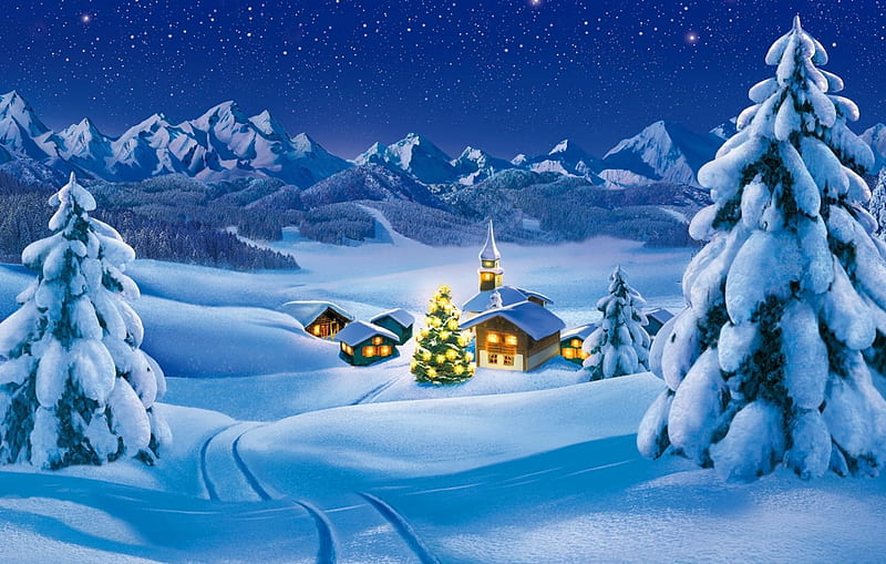 Snowy village, stars, art, houses, bonito, trees, sky, snowy, winter, mountain, tree, snowflakes, snowfall, peaceful, village, landscape, HD wallpaper