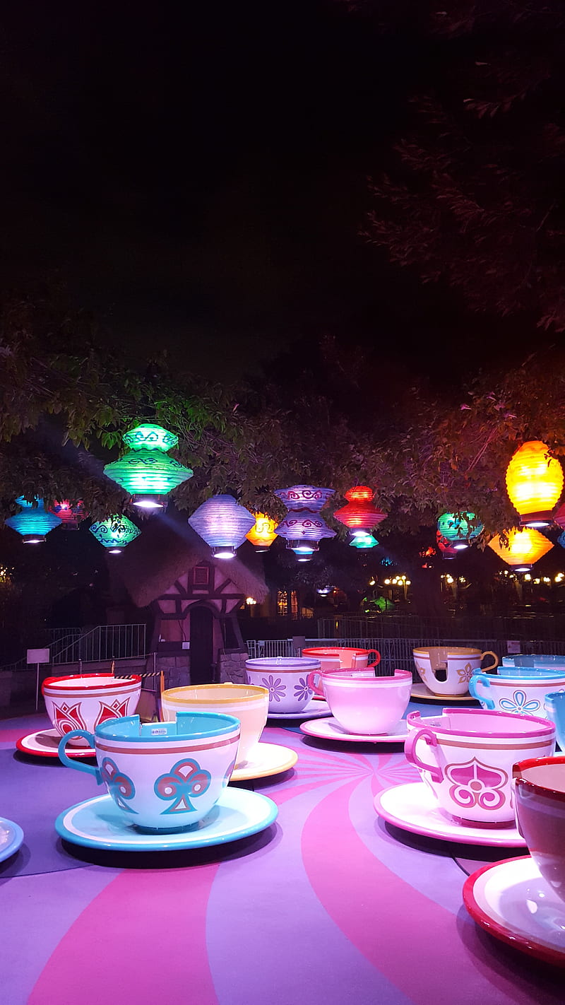 Teacups at Night, alice, blue, book, calm, child, childhood, chinese, cup, cups, dca, disney, disneyland, donald, downtown, dumbo, dwarf, dwarves, evening, fall, family, fantasy, fantasyland, fun, handles, hatter, hollow, in, joy, lamop, land, lantern, light, lights, mad, mickey, minnie, mouse, oriental, pan, p, HD phone wallpaper