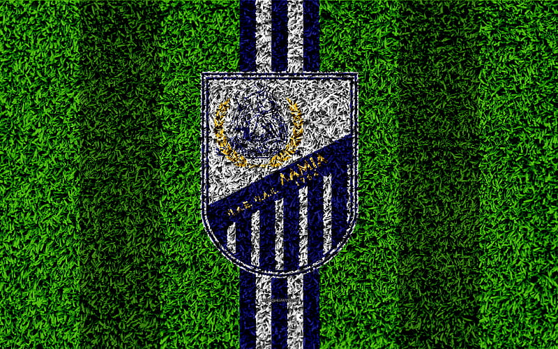 PAS Lamia 1964, Lamia FC, logo football lawn, Greek football club, white blue lines, grass texture, Lamia, Greece, Superleague Greece, football, HD wallpaper