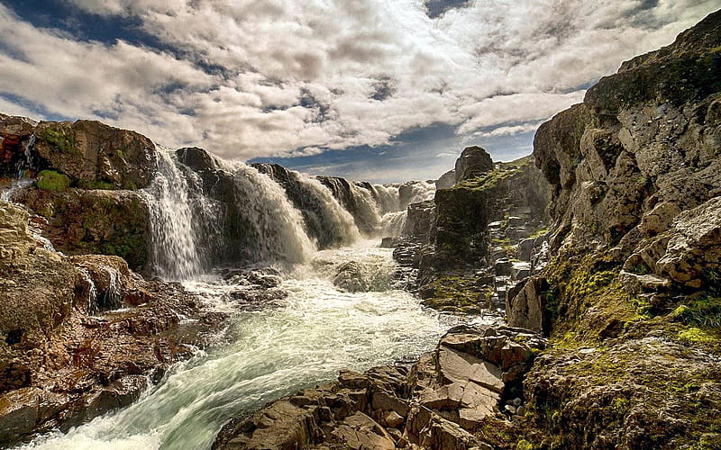 icelandic Waterfalls, stones, mountains, rivers, rocks, clouds, sky, HD wallpaper