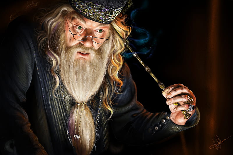 Dumbledore, laracremon, fanart, art, luminos, movie, harry potter, black, man, old, face, HD wallpaper