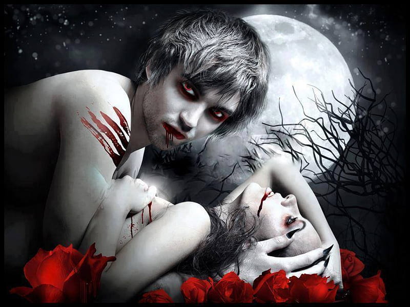 BLOOD NIGHT, VAMPIRES, FEMALE, BLOOD, NIGHT, MOON, ROSES, GOTHIC, MALE, RED, HD wallpaper