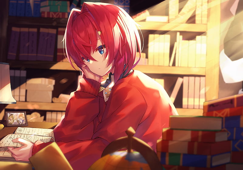 ange katrina, nijisanji, red hair, short hair, library, books, Anime, HD wallpaper