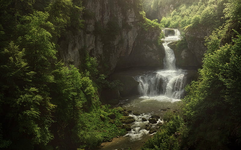 waterfall, mountains, mountain river, spring, green trees, beautiful waterfalls, HD wallpaper