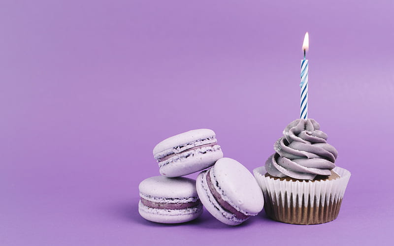 purple macaroons, happy birtay, cupcake, cake on purple background, burning candle, 1 year concepts, sweets, HD wallpaper