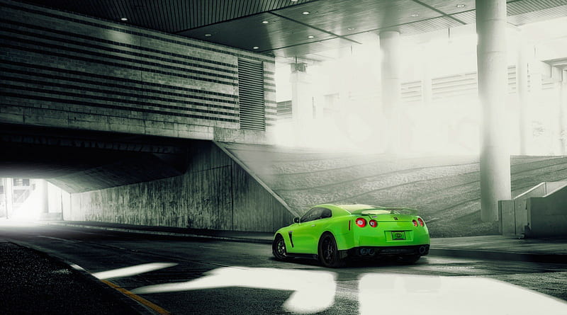 Nissan G T R, sports car, lime green, nissan, black wheels, HD