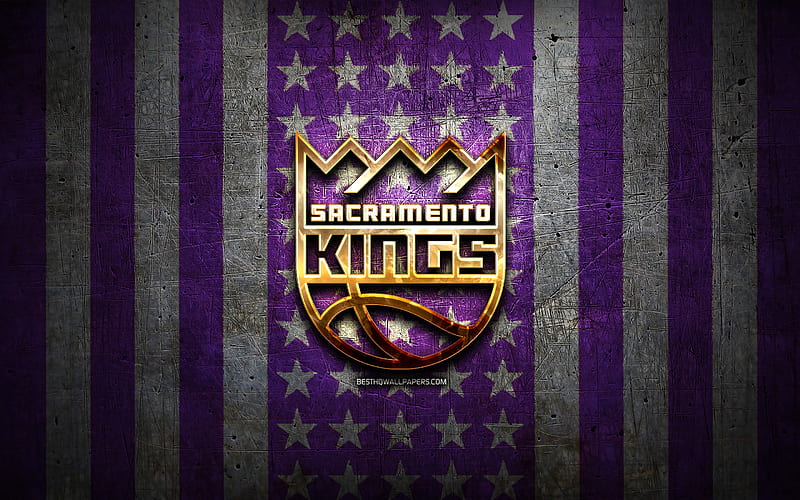 Sacramento Kings flag, NBA, violet white metal background, american basketball club, Sacramento Kings logo, USA, basketball, golden logo, Sacramento Kings, HD wallpaper