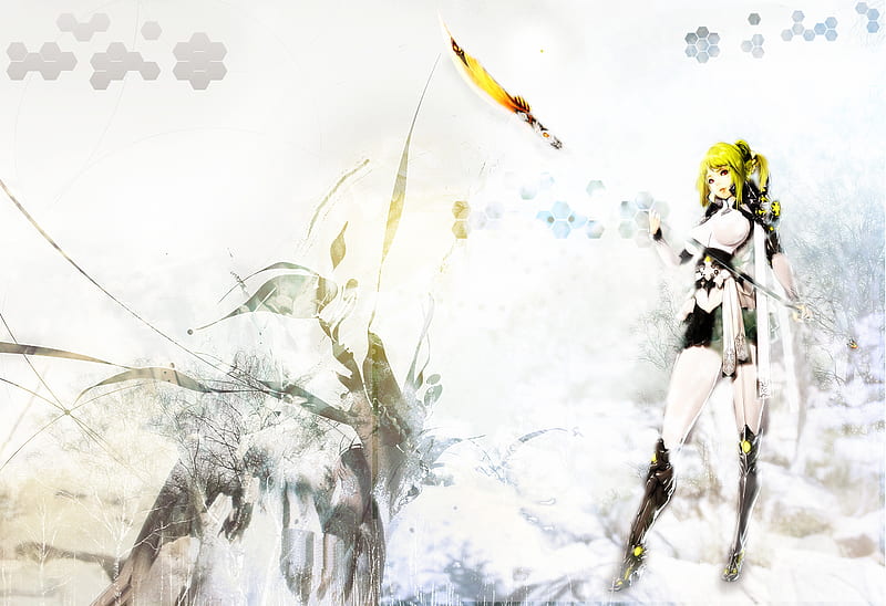 White Spear, hair, gold, warrior, flame, la, snow, spear, digital, white, hyul, vector, HD wallpaper