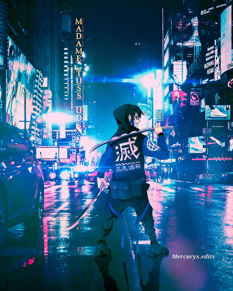 Inosuke, electric blue, magenta, Demon slayer, art, Anime, tanjiro, cyberpunk, night city, cityscape, HD phone wallpaper
