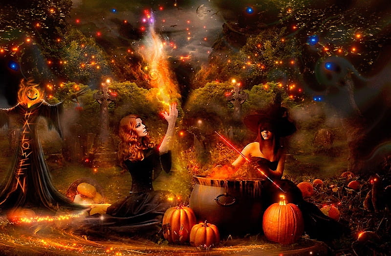 Magic Spell, cauldron, pumpkins, spell, witches, jack o lantern, Hallow, HD wallpaper