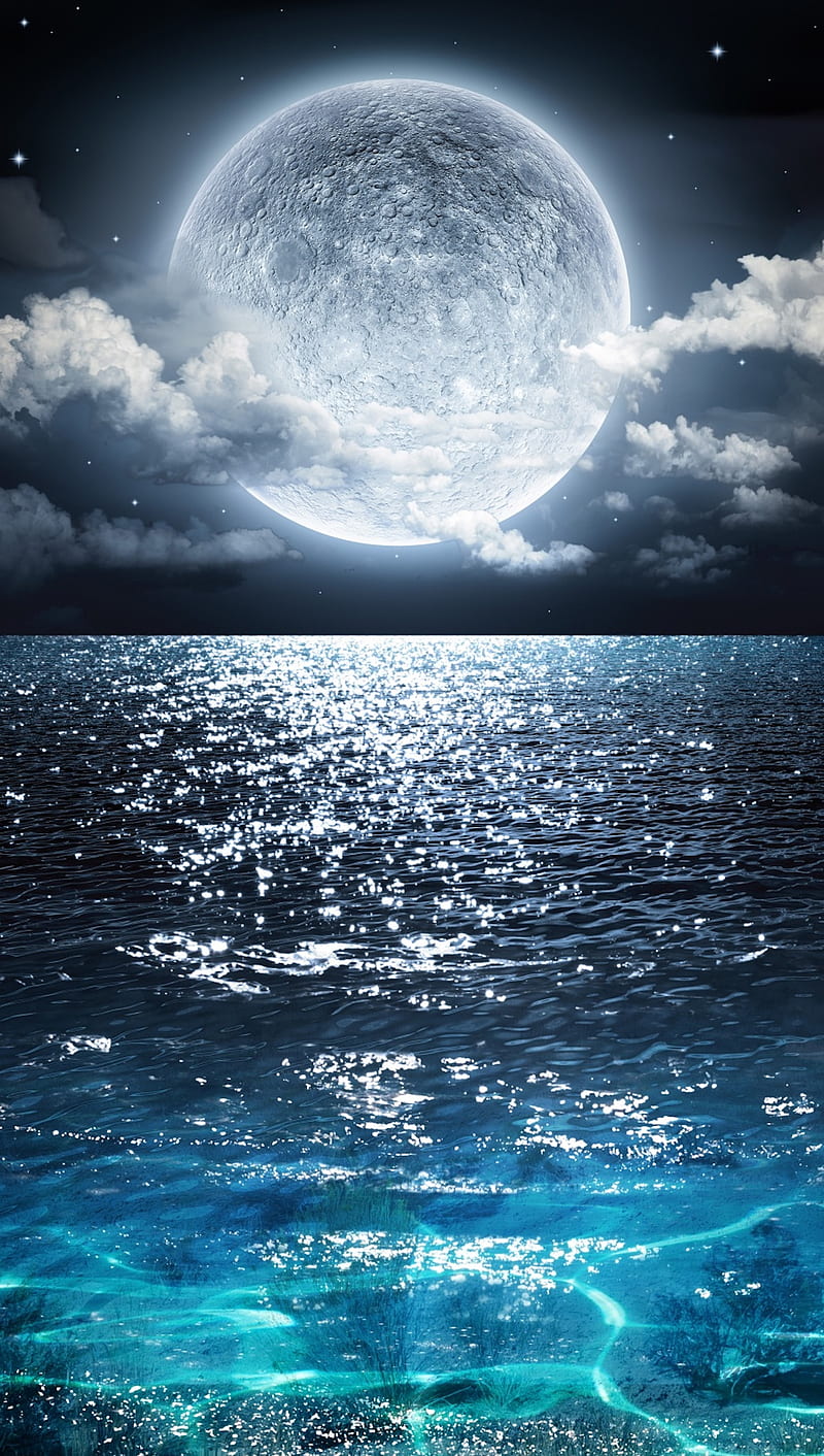 Moon, sea, ocean, reflection, HD phone wallpaper
