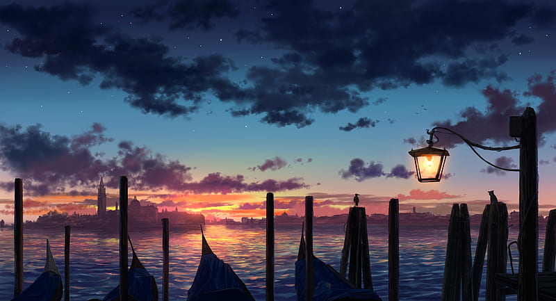 anime landscape, sunset, lantern, clouds, scenery, Anime, HD wallpaper