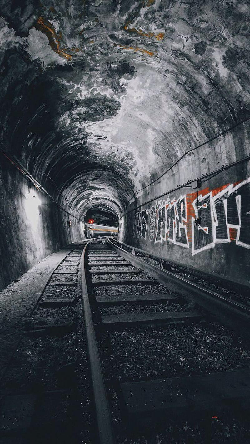Tunnel, black and white, bw, graffiti, railway, train, wall, HD phone wallpaper