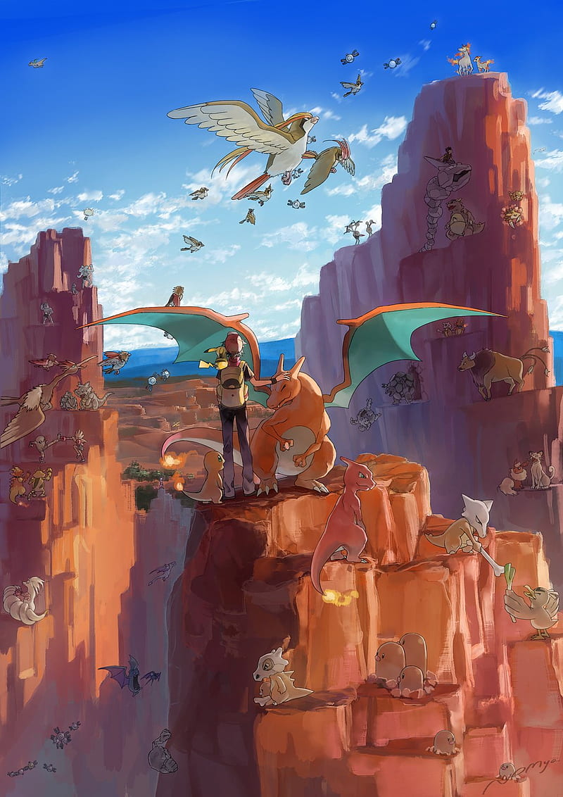Pokémon, Charizard, anime, sky, rock, HD phone wallpaper