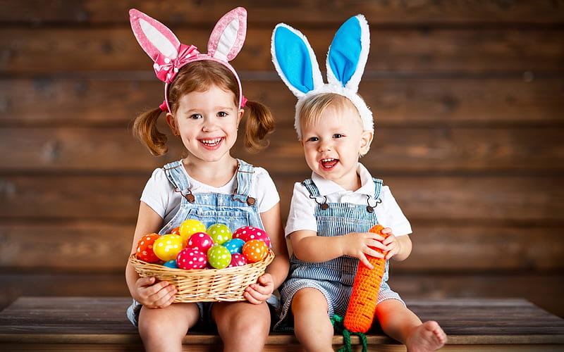 Happy Easter!, ears, children, easter, card, cute, boy, girl, basket, copil, bunny, pink, couple, wood, blue, HD wallpaper
