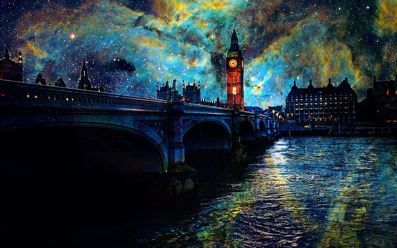 big ben, london, united kingdom, bridge, painting, artwork, City, HD wallpaper