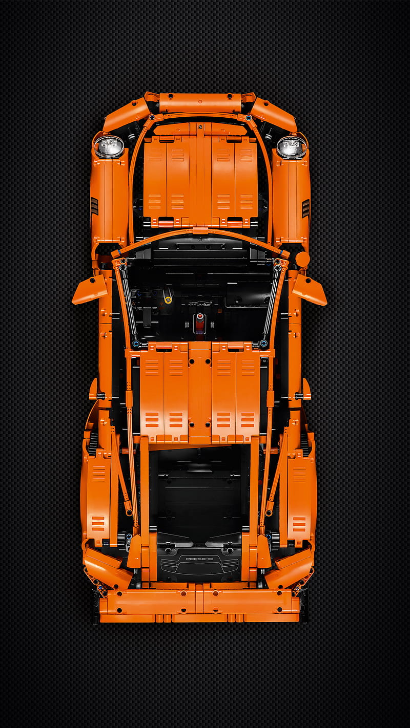 LEGO, Porsche, orange, car, vehicle, black background, top view, Porsche 911, Porsche 991, toys, HD phone wallpaper