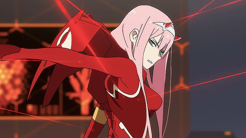 Darling In The FranXX Zero Two Hiro Zero Two With Red Dress And Pink Hair With Some Red Laser Lighting On Zero Two Anime, HD wallpaper