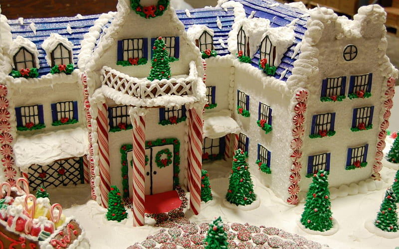 Gingerbread house, red, house, christmas, food, winter, sweet, dessert, tree, green, gingerbread, fir, white, HD wallpaper