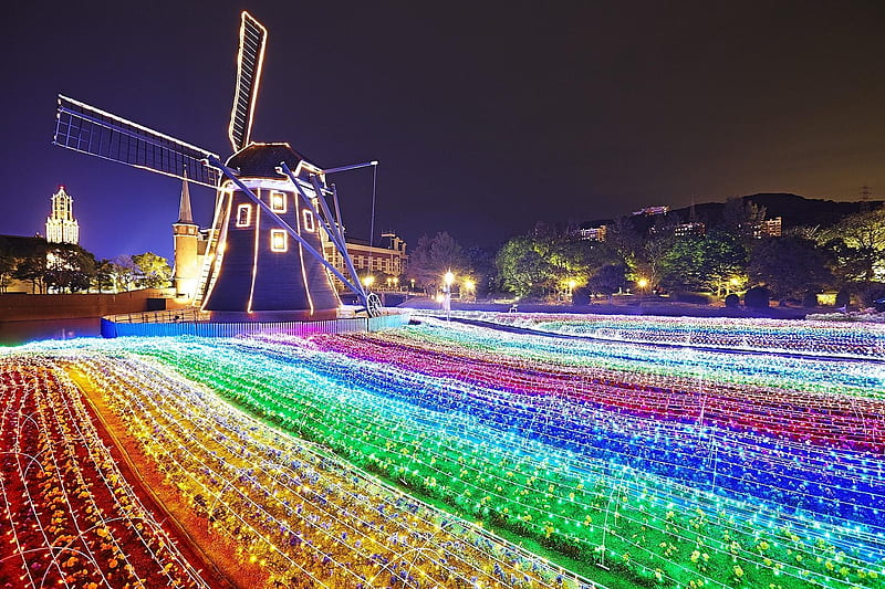 Park Huis Ten Bosch, Nagasaki, japan, colors, blossoms, windmill, spring, lights, HD wallpaper