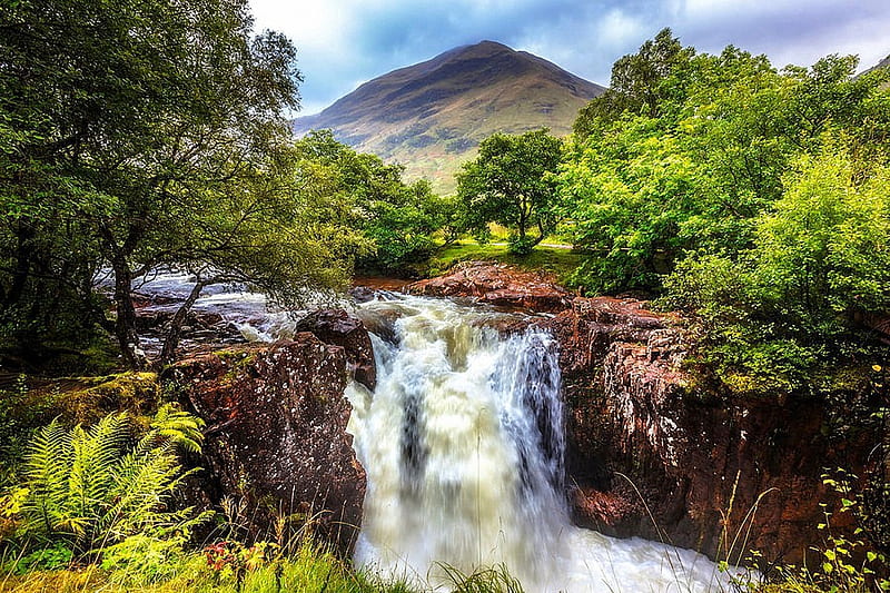 Waterfall Beneath the Ben Nevis Mountain, highlands, Scotland, river, cascade, sky, trees, HD wallpaper