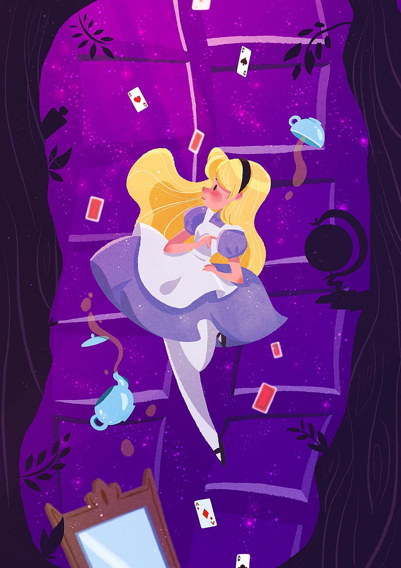 Alice in Wonderland, adventure, blonde, dress, fall, girl, hole, purple, HD phone wallpaper