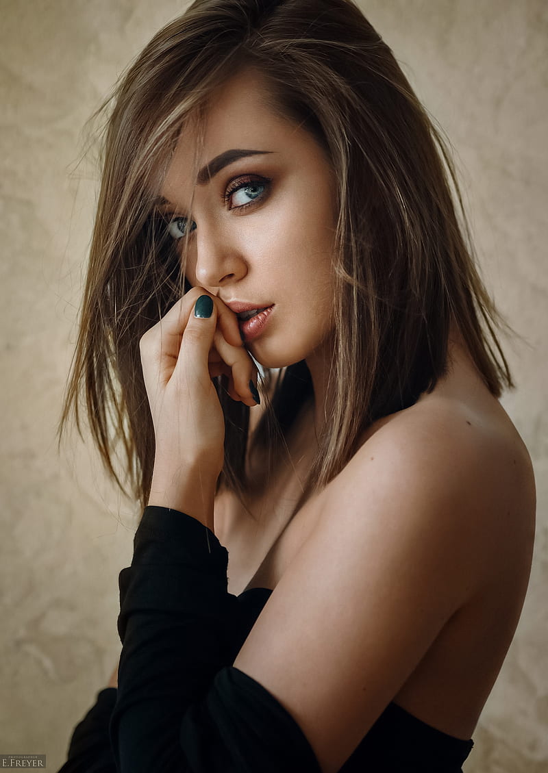 Evgeny Freyer, women, brunette, straight hair, blue eyes, painted nails, looking at viewer, bare shoulders, black clothing, simple background, HD phone wallpaper
