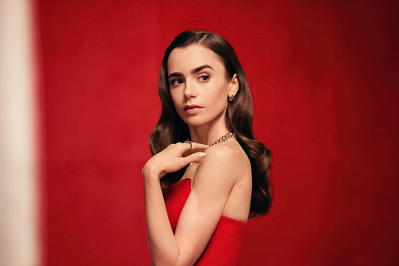 Lily Collins Cartier, lily-collins, celebrities, girls, model, red-dress, HD wallpaper