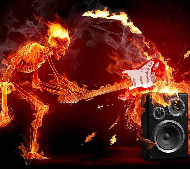 Flaming, fire, guitar, music, skull, speakers, HD wallpaper
